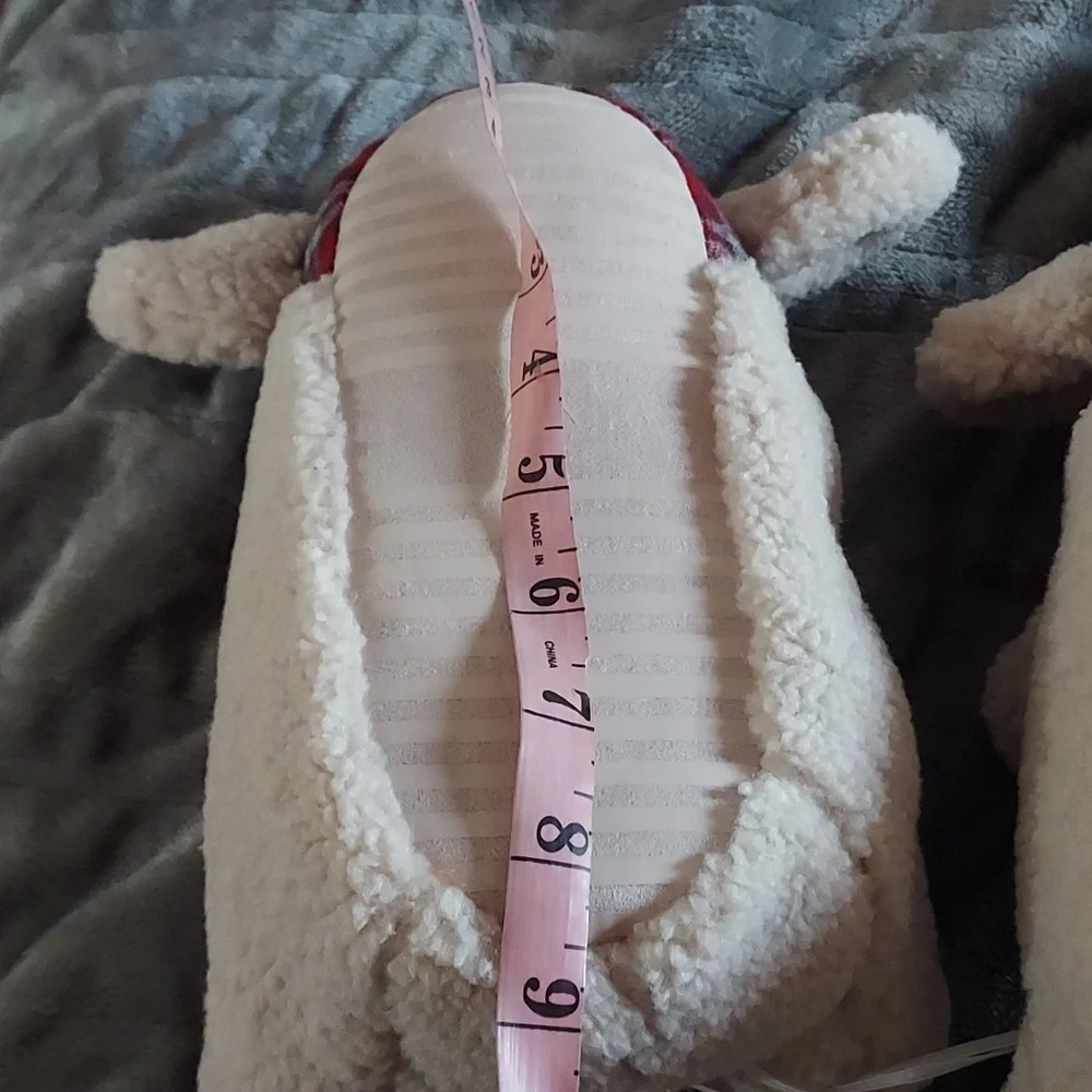 Zara Sheep Plush House Slippers in Cream with Red Plaid Accents